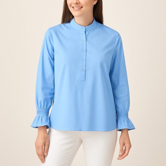 Chico’s No-Iron Chic Stretch Button Blouse Blue Stripe Ruffle Cuff Size 2 (12/L) - Picture 1 of 13